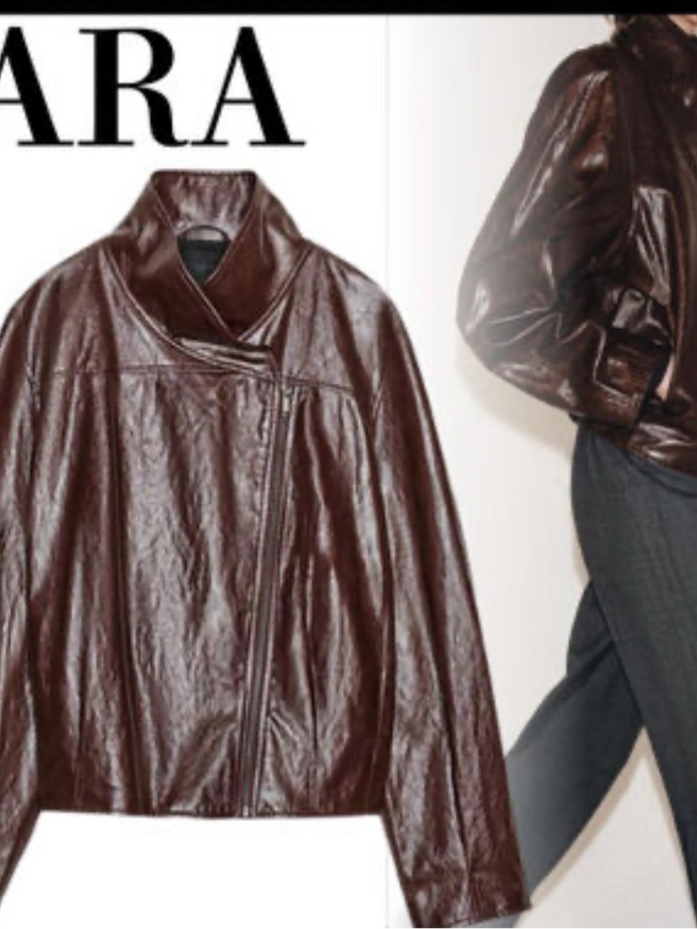 Zara Women's Shiny Brown Asymmetrical Leather Jacket